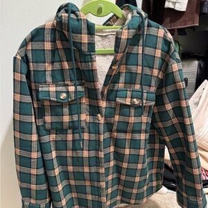 Plaid Hooded Kids Shirt - Green and Tan